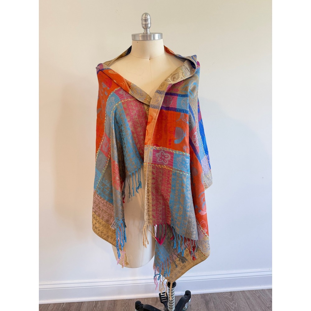 Pashmina Silk Blend Patchwork Paisley Scarf Shawl Wrap Blue Orange Pink Fringe - Picture 4 of 6